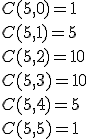 C(5,0) = 1 \\C(5,1) = 5 \\C(5,2) = 10 \\C(5,3) = 10 \\C(5,4) = 5 \\C(5,5) = 1